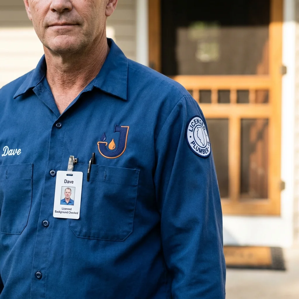Licensed plumber showing ID badge in Jacksonville, AL