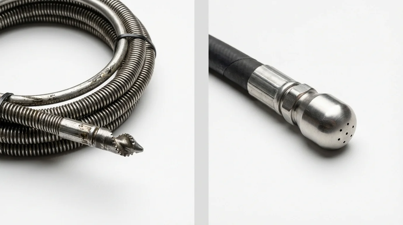 Drain snake cable and hydro jetting nozzle used for drain cleaning in Jacksonville, AL