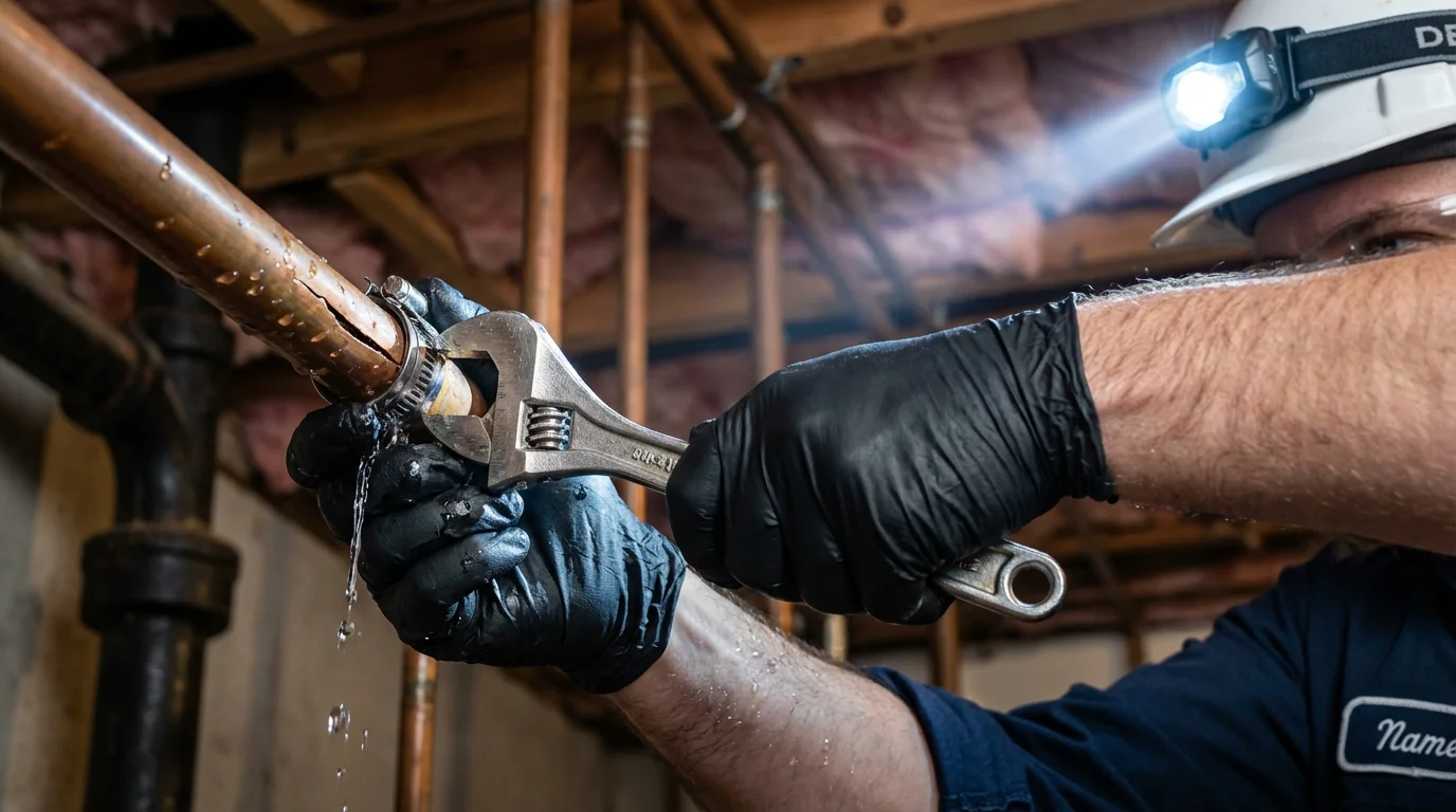 Emergency pipe clamp repair being performed by a Johns Plumbing LLC plumber in Jacksonville