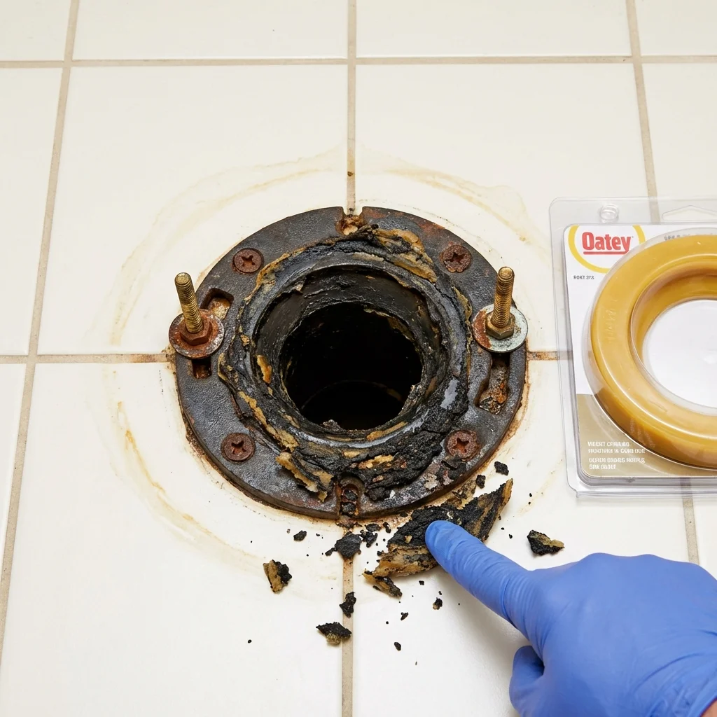 Failed wax ring showing water seepage at the base of a toilet in a Jacksonville, AL home