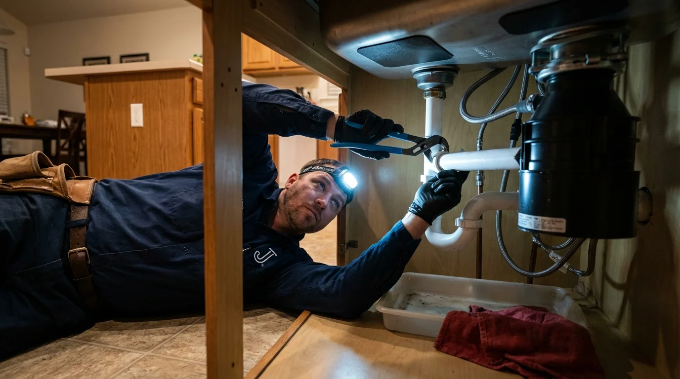 P-trap and supply line connections under a kitchen sink showing a common leak point in Jacksonville, AL